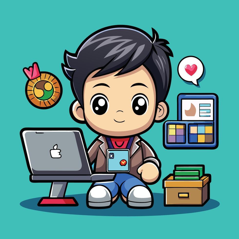 a cartoon boy sitting at a desk with a laptop vector