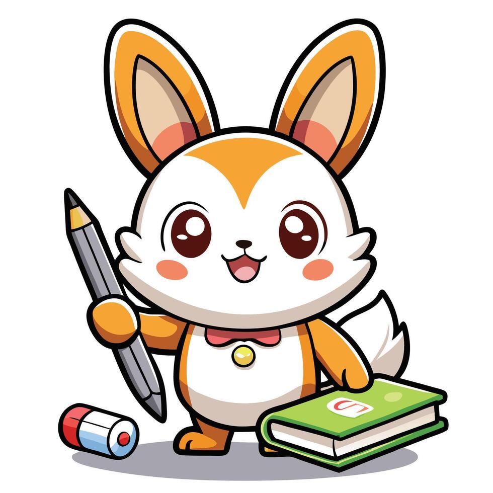a cartoon rabbit holding a pencil and a book vector