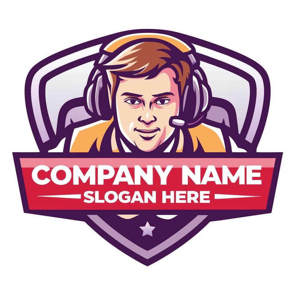 a man wearing headphones and holding a shield with the words company name vector