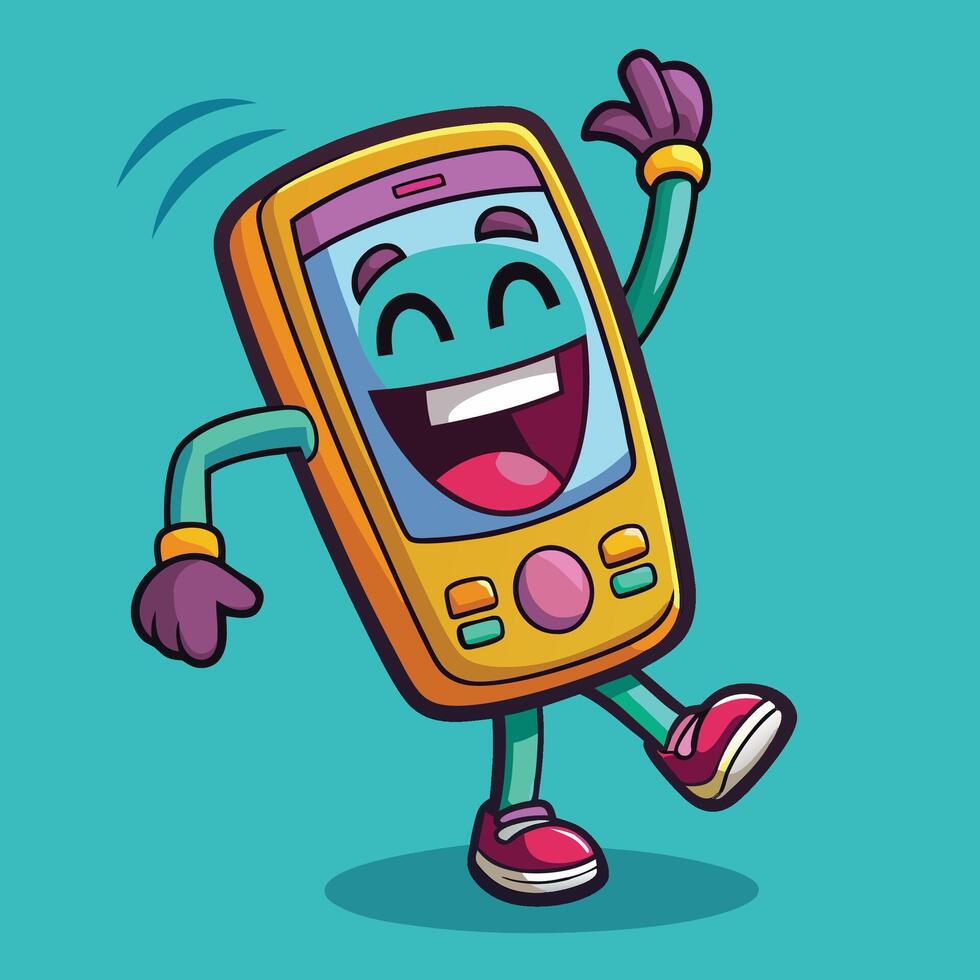 cartoon phone character dancing and waving vector