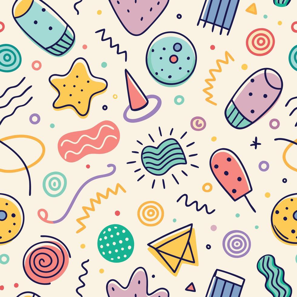 seamless pattern with colorful objects and shapes on a white background vector