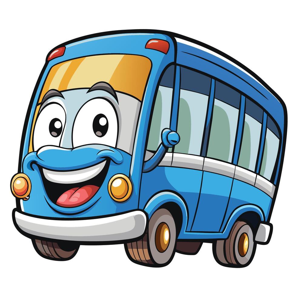 cartoon blue bus with happy face and smile illustration vector