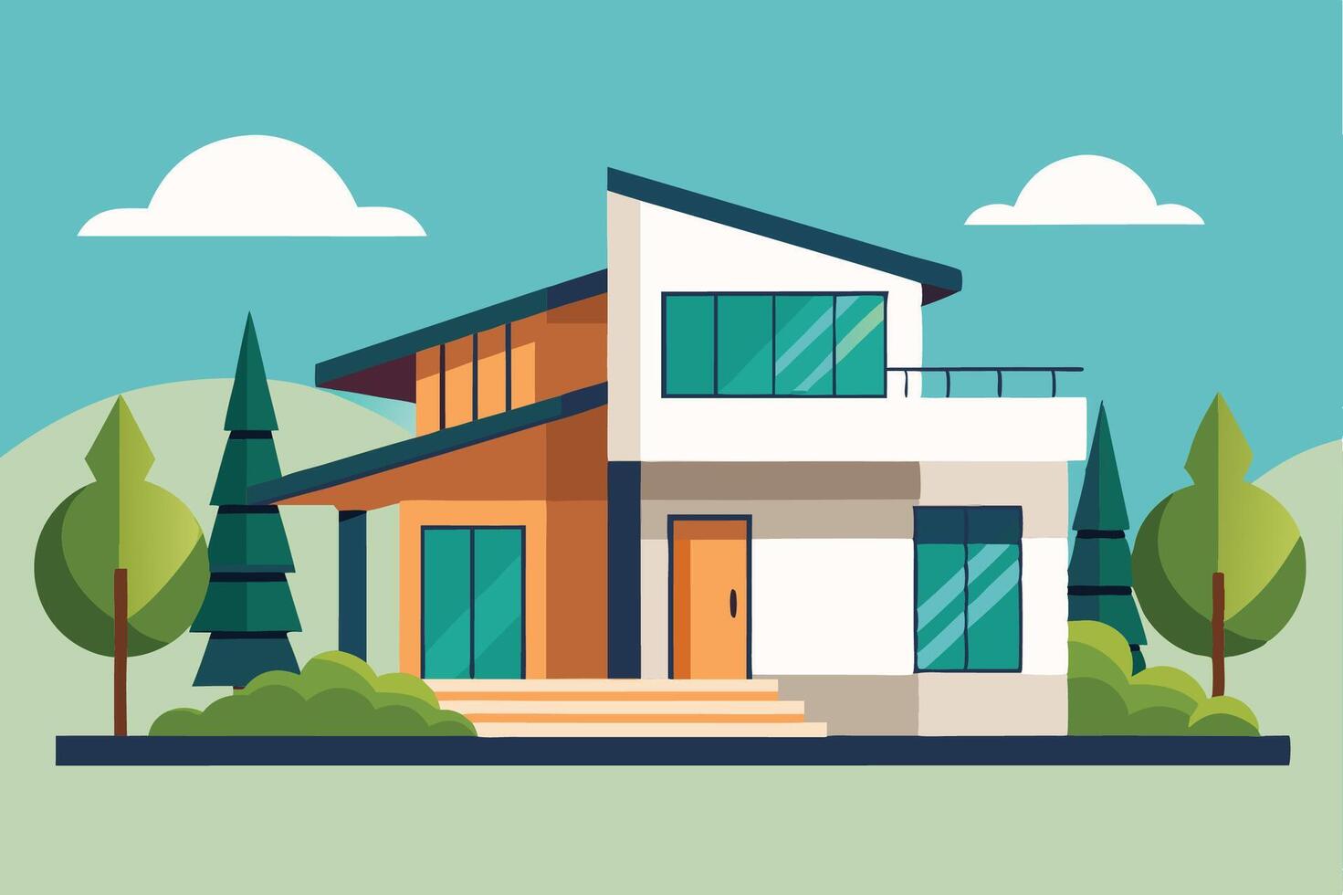 a house with trees and bushes in front of it vector