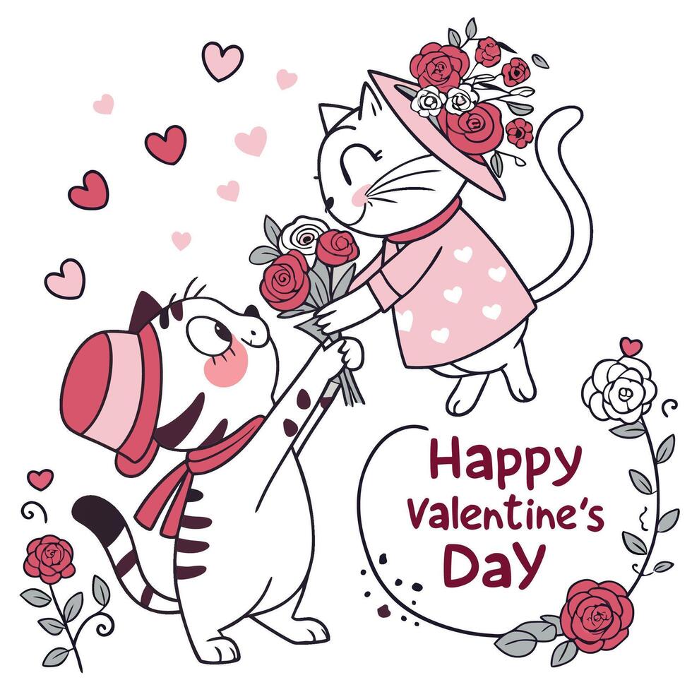two cartoon cats are giving each other flowers on valentine's day vector