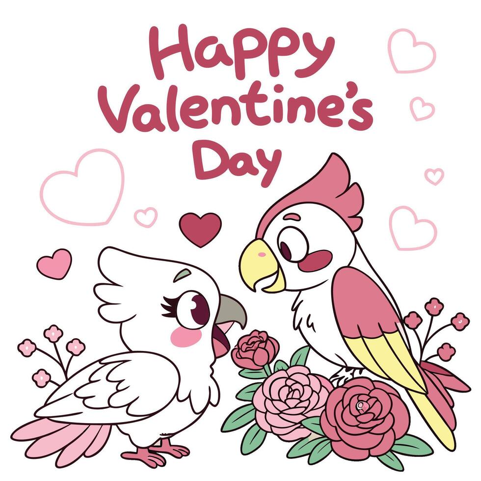 cute parrot and cockatoo with hearts and flowers for valentine's day vector