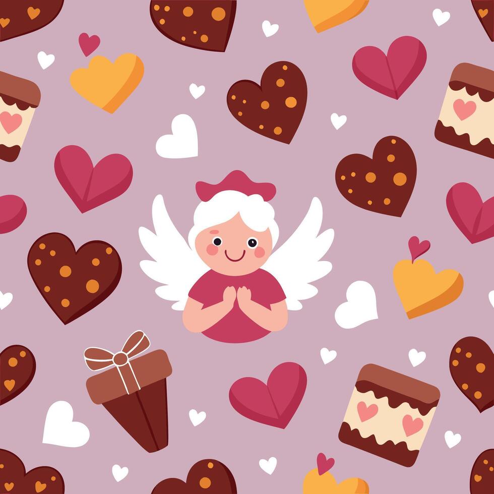 valentine's day seamless pattern with angel and hearts vector
