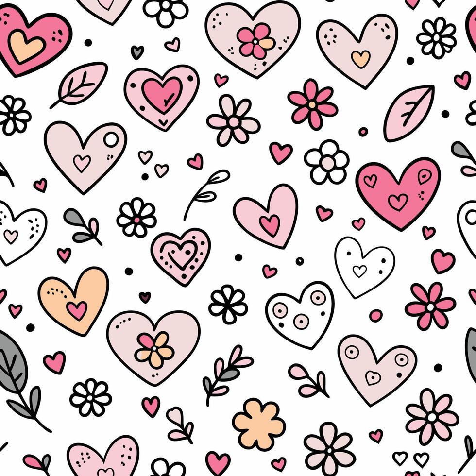 seamless pattern with hearts and flowers on a white background vector