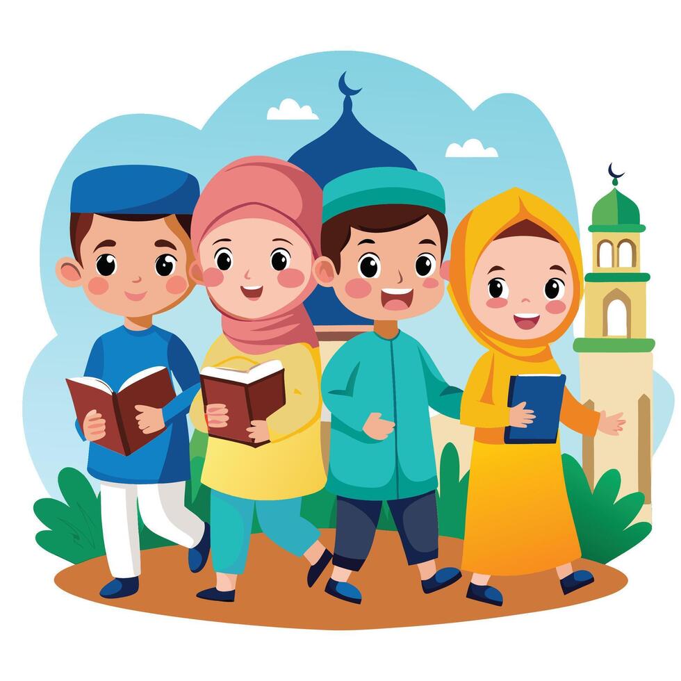 muslim children in traditional clothes walking together in the mosque vector