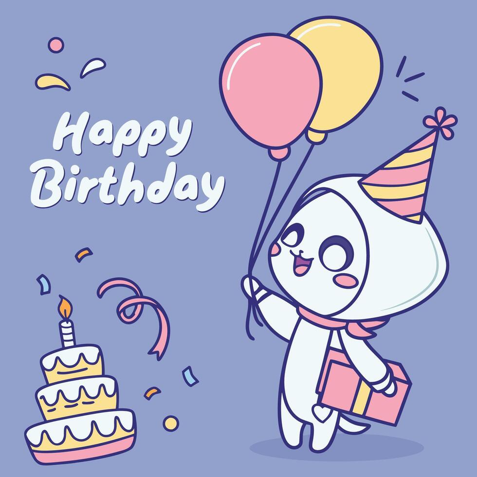 happy birthday card with cute cartoon cat holding balloons vector