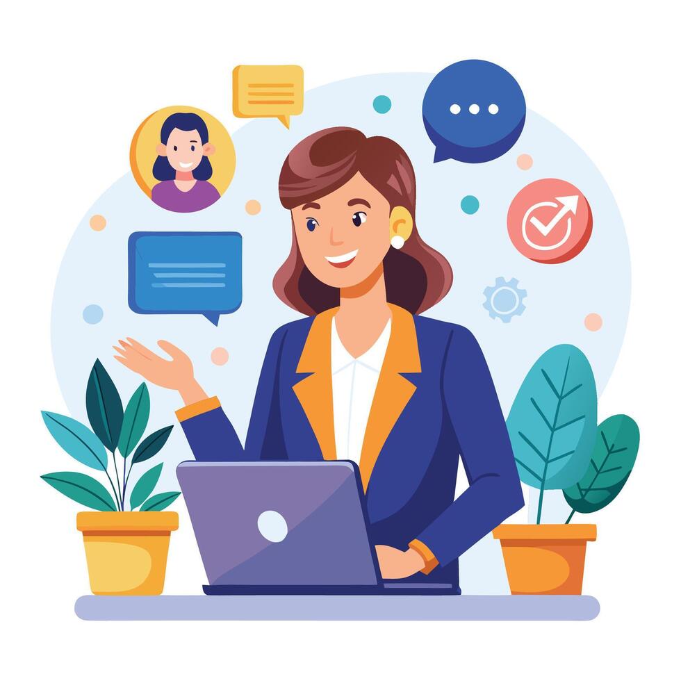 businesswoman working on laptop with chat bubbles and icons vector
