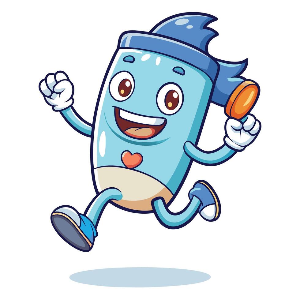 cartoon blue bottle running with heart vector