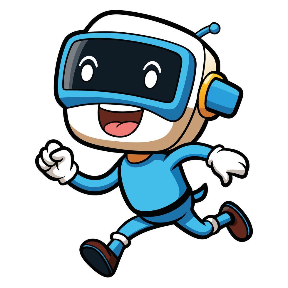 a cartoon robot running with a virtual reality headset on vector