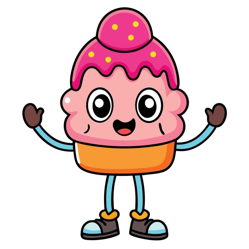 a cartoon ice cream cupcake character with arms outstretched vector