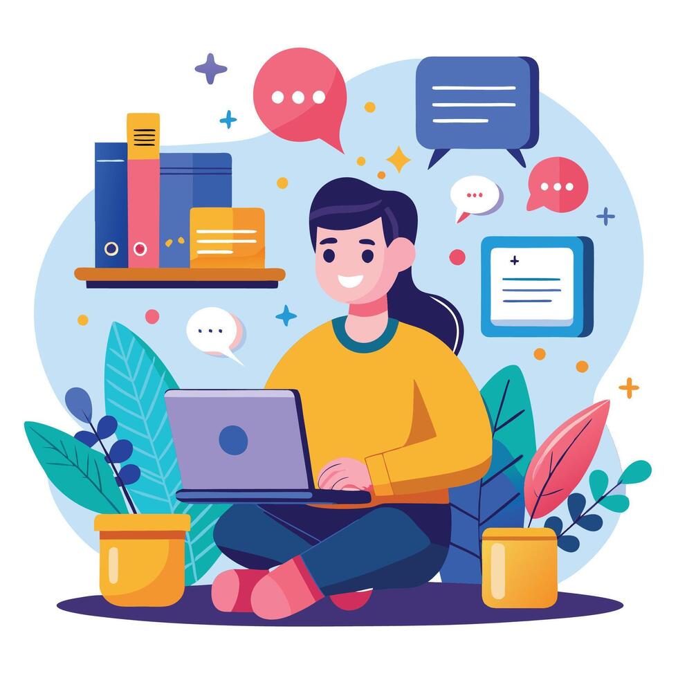 a woman is sitting on the floor with a laptop and speech bubbles vector