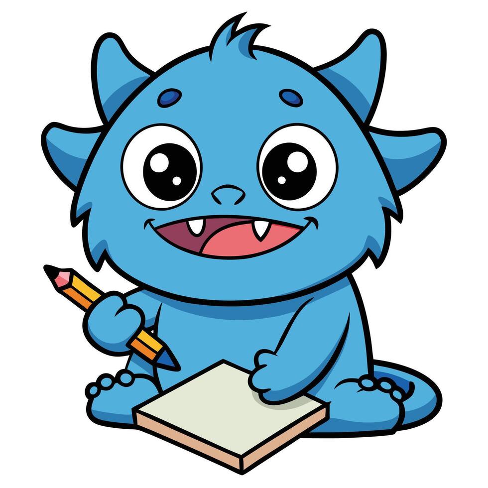 cartoon blue monster writing with pencil vector