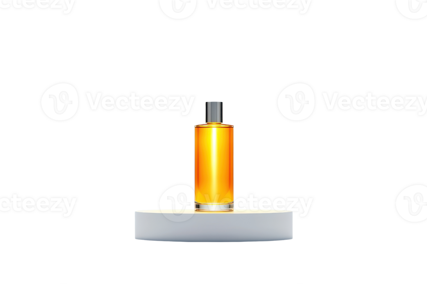 A sleek, cylindrical bottle filled with vibrant orange liquid, positioned on a minimalistic white stand. png