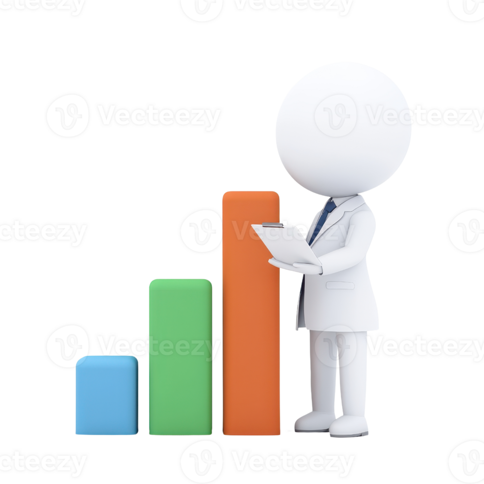 A stylized figure in a lab coat analyzes ascending bar graphs while holding a clipboard. png