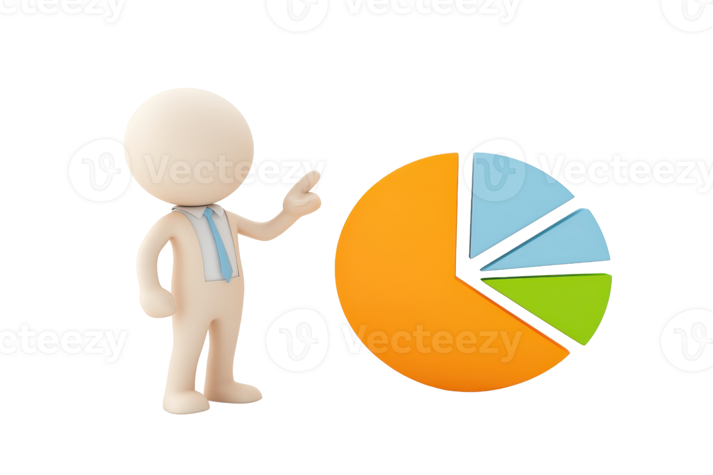 A character in business attire points to a colorful pie chart, illustrating data or statistical information. png
