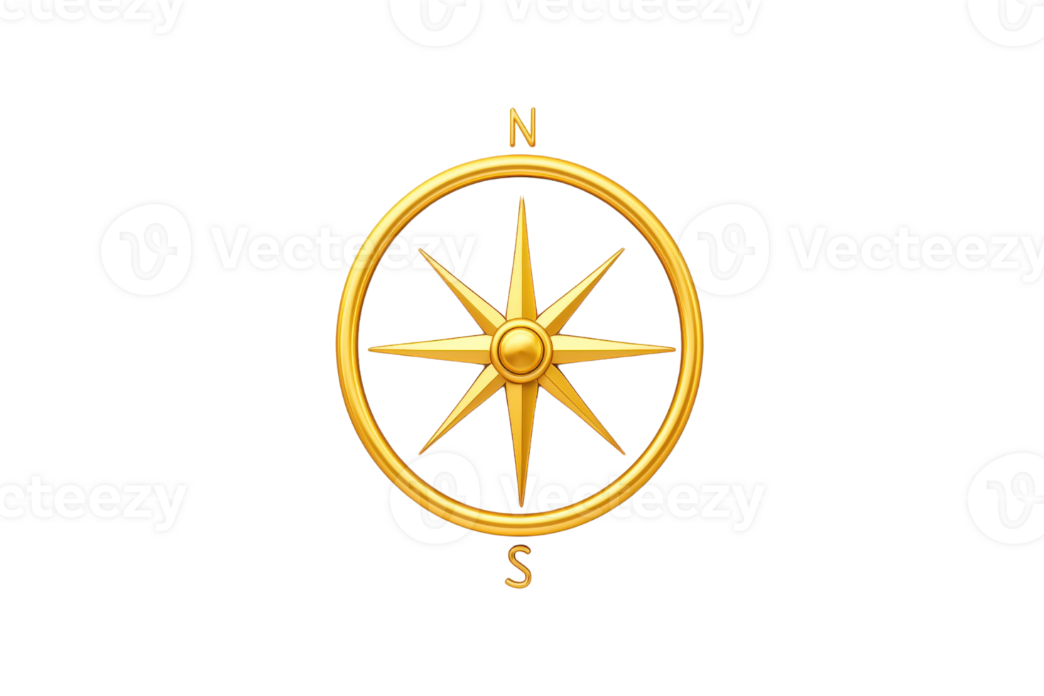 A golden compass rose with cardinal directions, prominently featuring a star shape at its center, symbolizing navigation and exploration. png