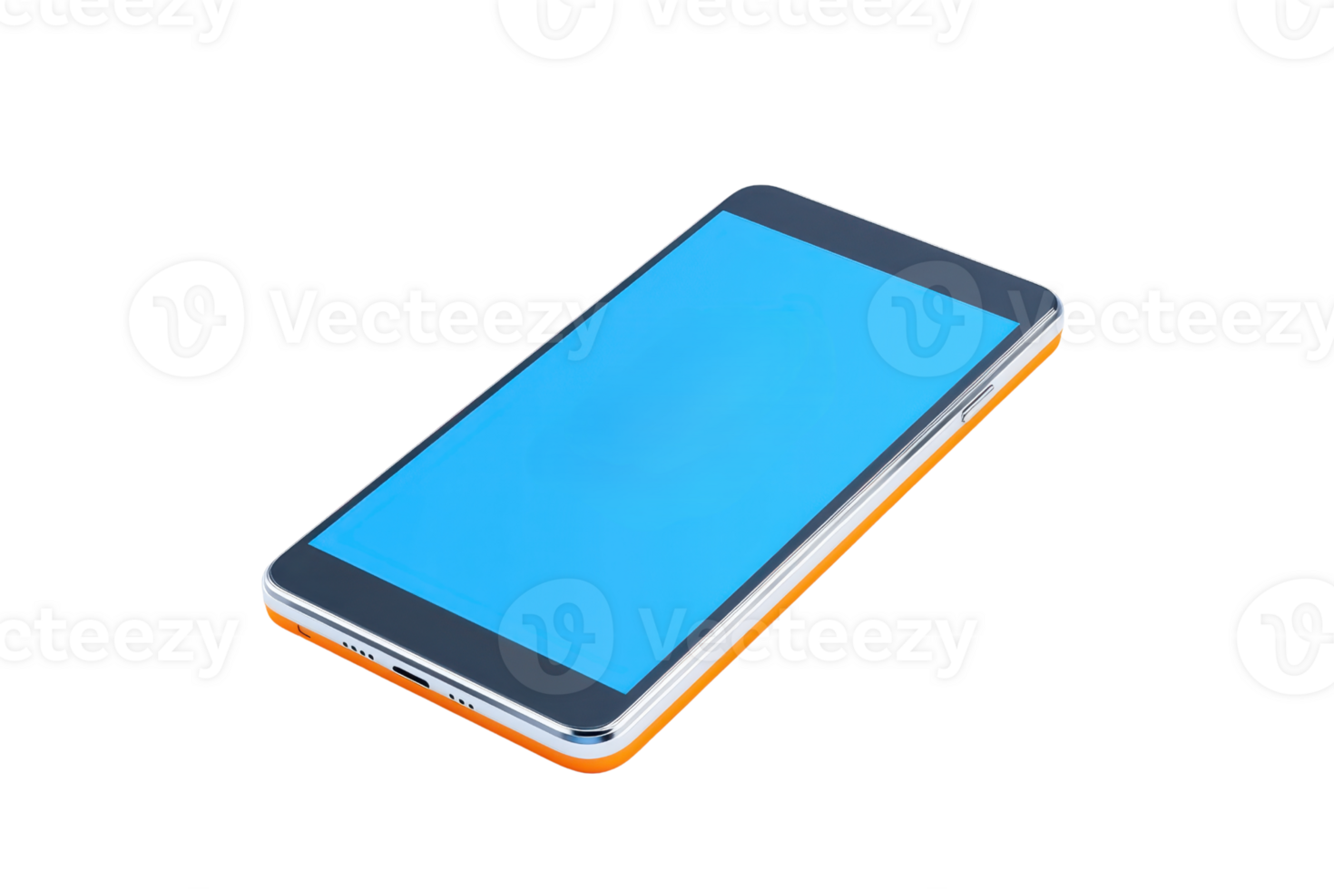 A sleek smartphone with a vibrant blue screen, showcasing a modern design and slim profile. png