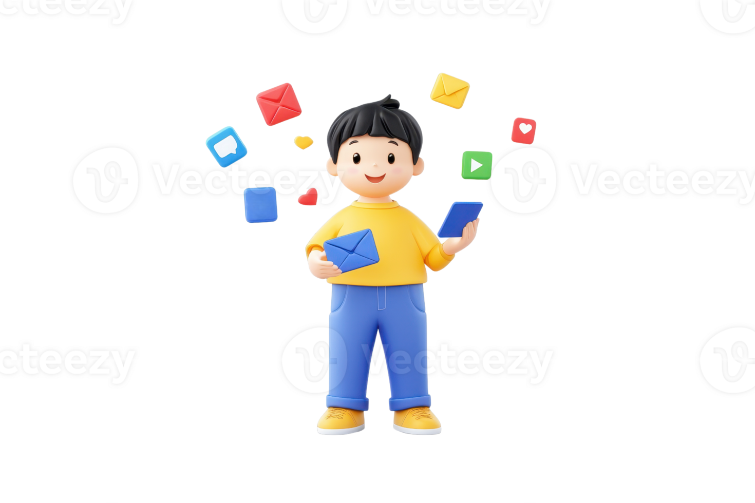 A cheerful child character holds two envelopes while colorful messages float around, embodying a playful, communicative theme. png