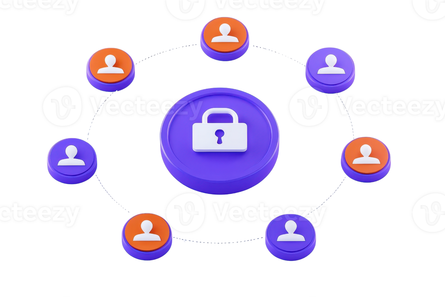 A central lock icon surrounded by user silhouettes, representing security and privacy in a digital context. png