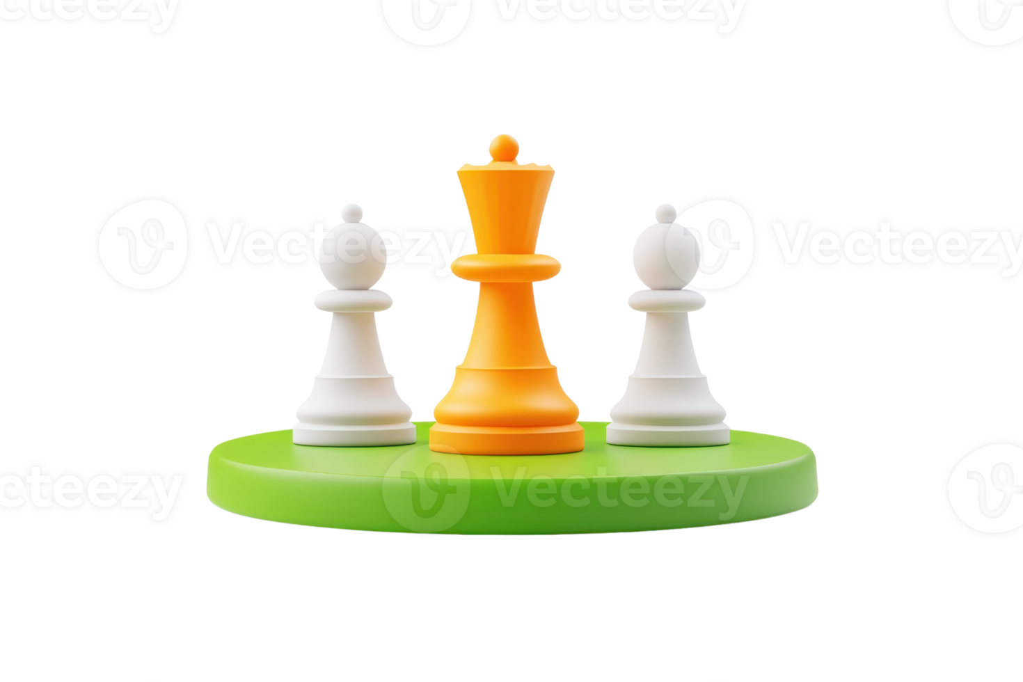 A vibrant orange king chess piece is flanked by two white pawn pieces on a green circular base. png