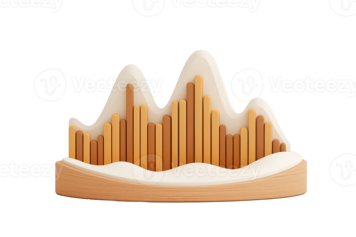 A stylized representation of mountains with varying heights, showcasing vertical bars resembling a soundwave or skyline in a snowy setting. png