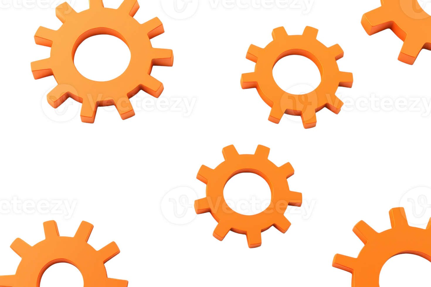 Colorful orange gears arranged randomly, showcasing various sizes and shapes, symbolizing mechanics and engineering. png