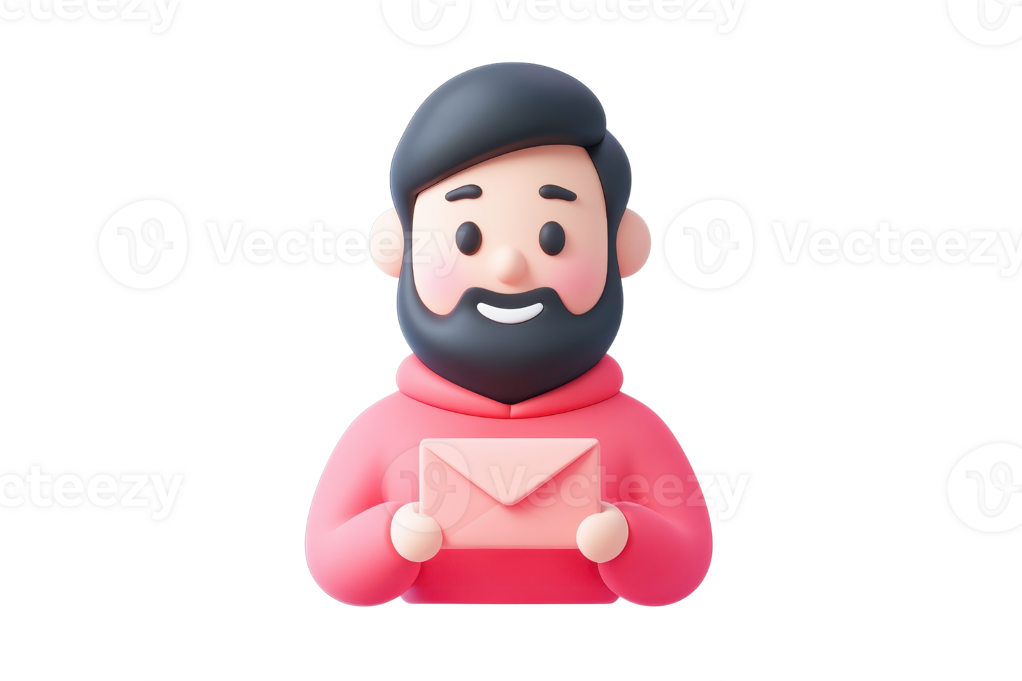 A cheerful man with a beard holds a pink envelope, wearing a red hoodie. png