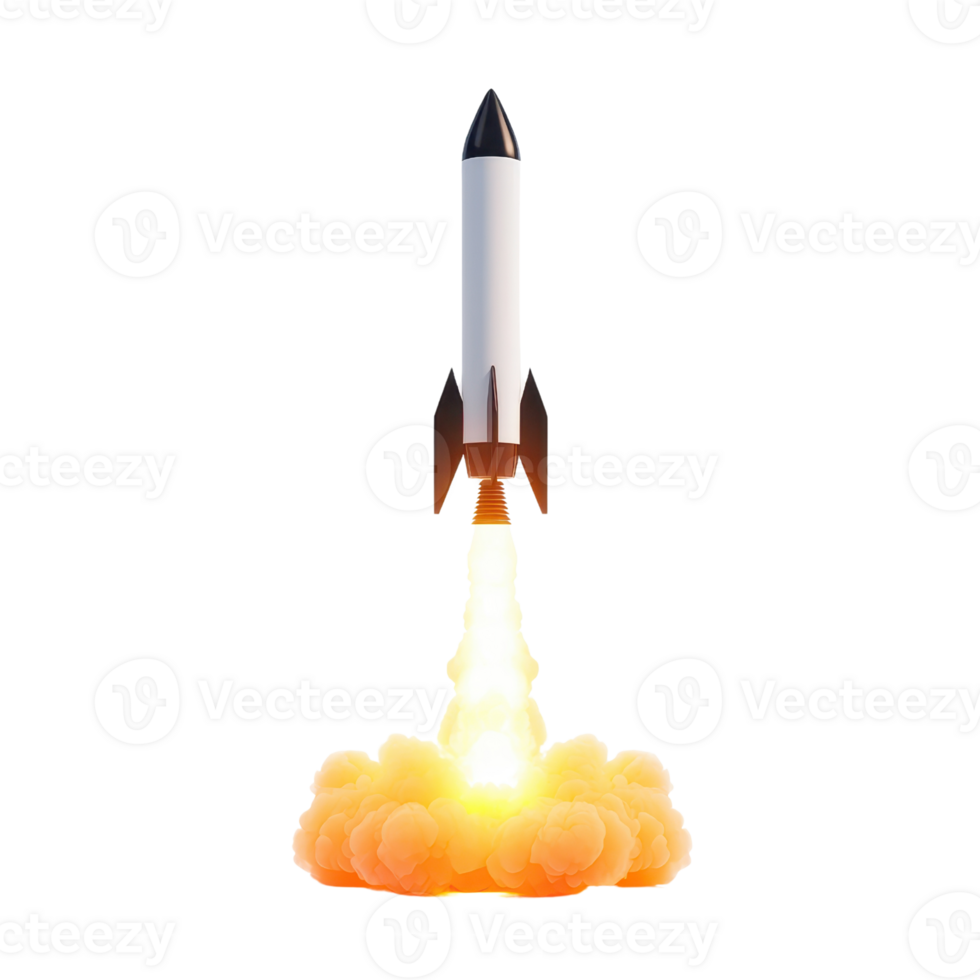 A sleek rocket ascends with powerful flames and smoke trailing behind, symbolizing exploration and technological advancement. png