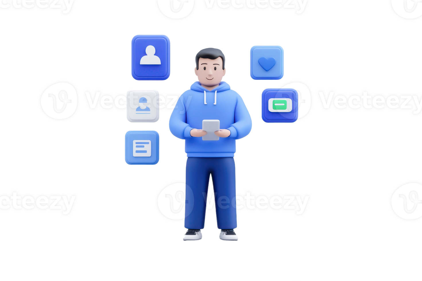 A young person in a blue hoodie holds a smartphone, surrounded by various icons representing social media and digital features. png