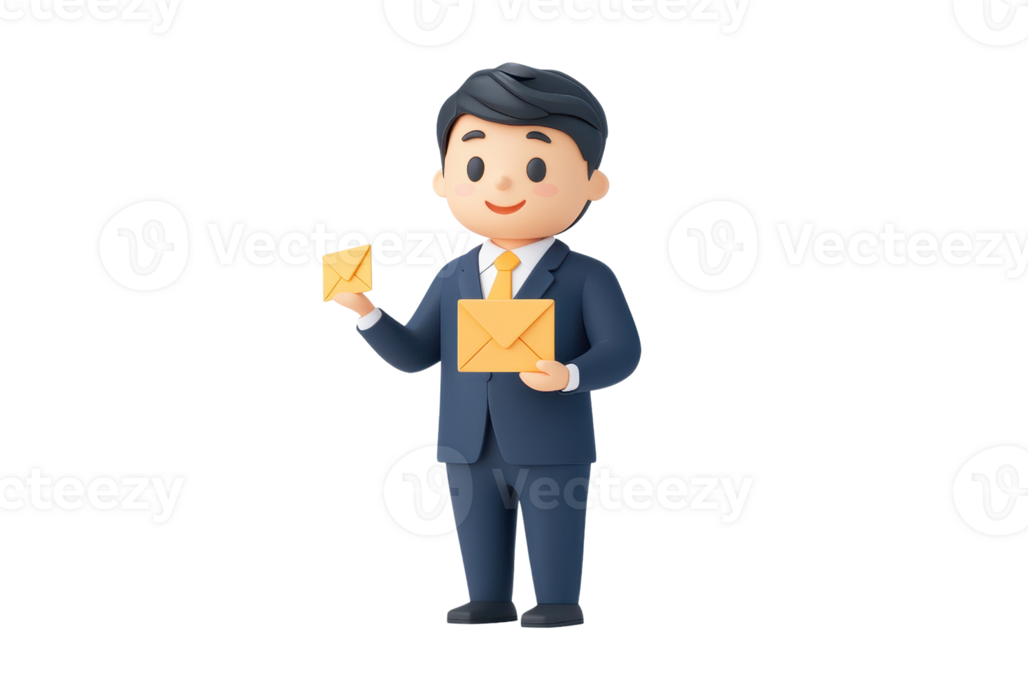 A cheerful cartoon character in a suit holding two envelopes, representing communication and business-related themes. png