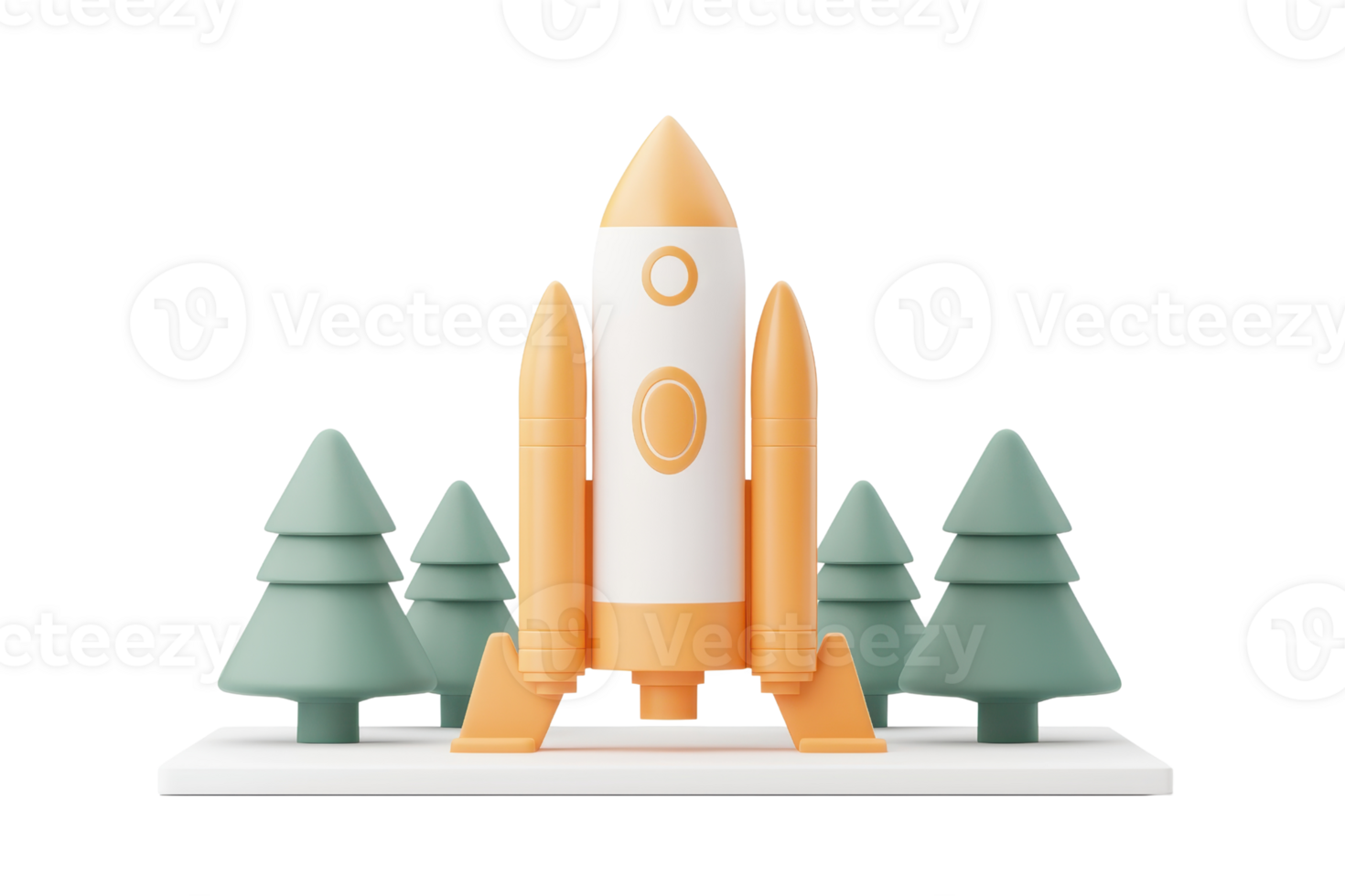 A stylized rocket stands prominently among geometric trees in a playful, modern design. png