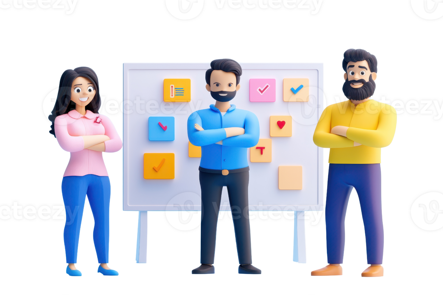 Three cartoon-style characters stand confidently in front of a board filled with colorful sticky notes and checkmarks, representing teamwork and creativity. png
