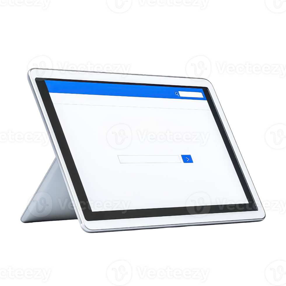 A sleek tablet device displaying a search interface, positioned at an angle for easy viewing. png