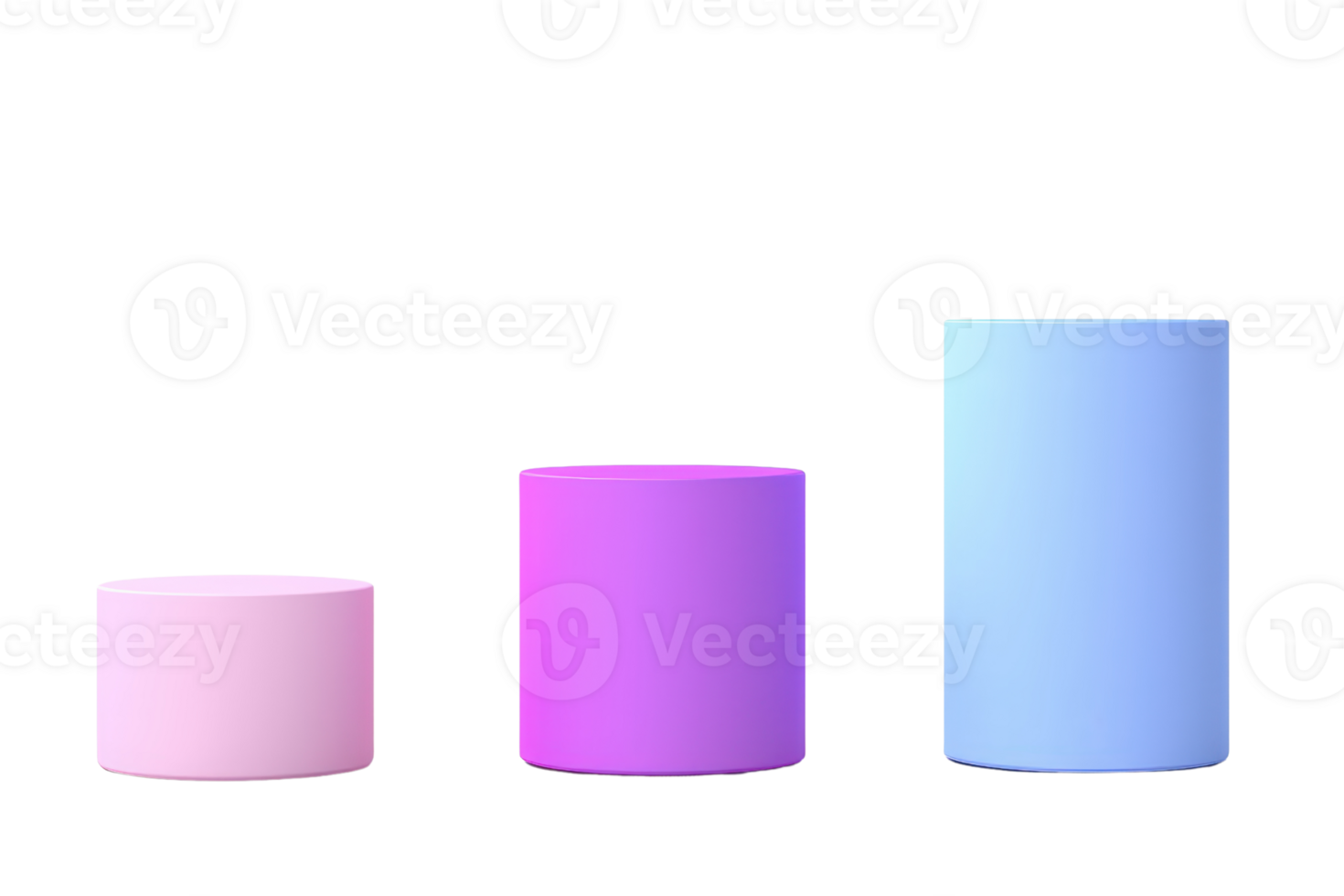 Three cylindrical shapes in varying heights and colors, arranged in a line, showcasing pastel tones of pink, purple, and blue. png
