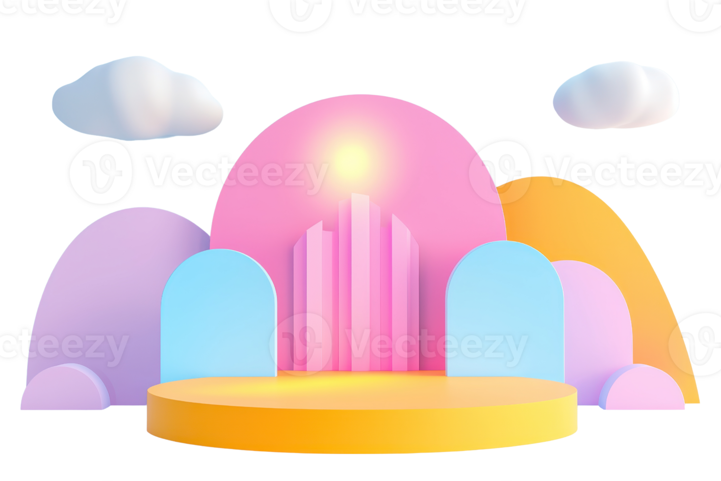 A colorful, abstract scene featuring layered geometric shapes, with a central illuminated structure and stylized clouds above. png