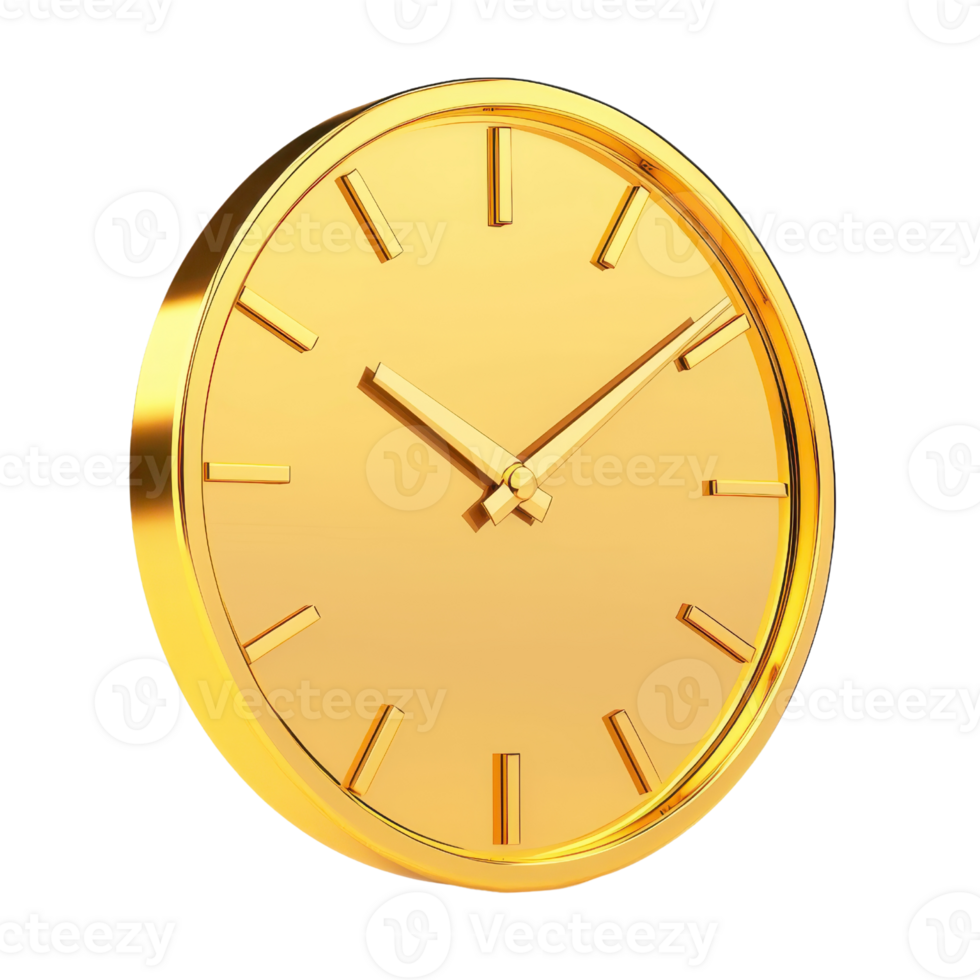 A sleek, gold wall clock featuring minimalist hour markers and elegant hands, showcasing a modern design. png