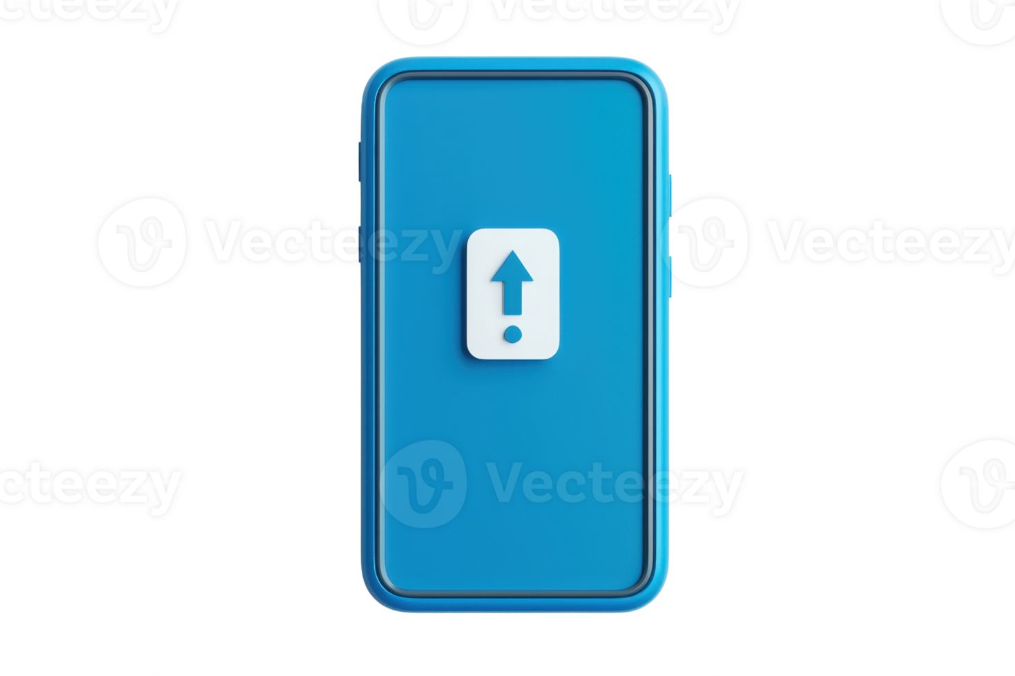 A blue smartphone with a white upload icon prominently displayed on its screen. png