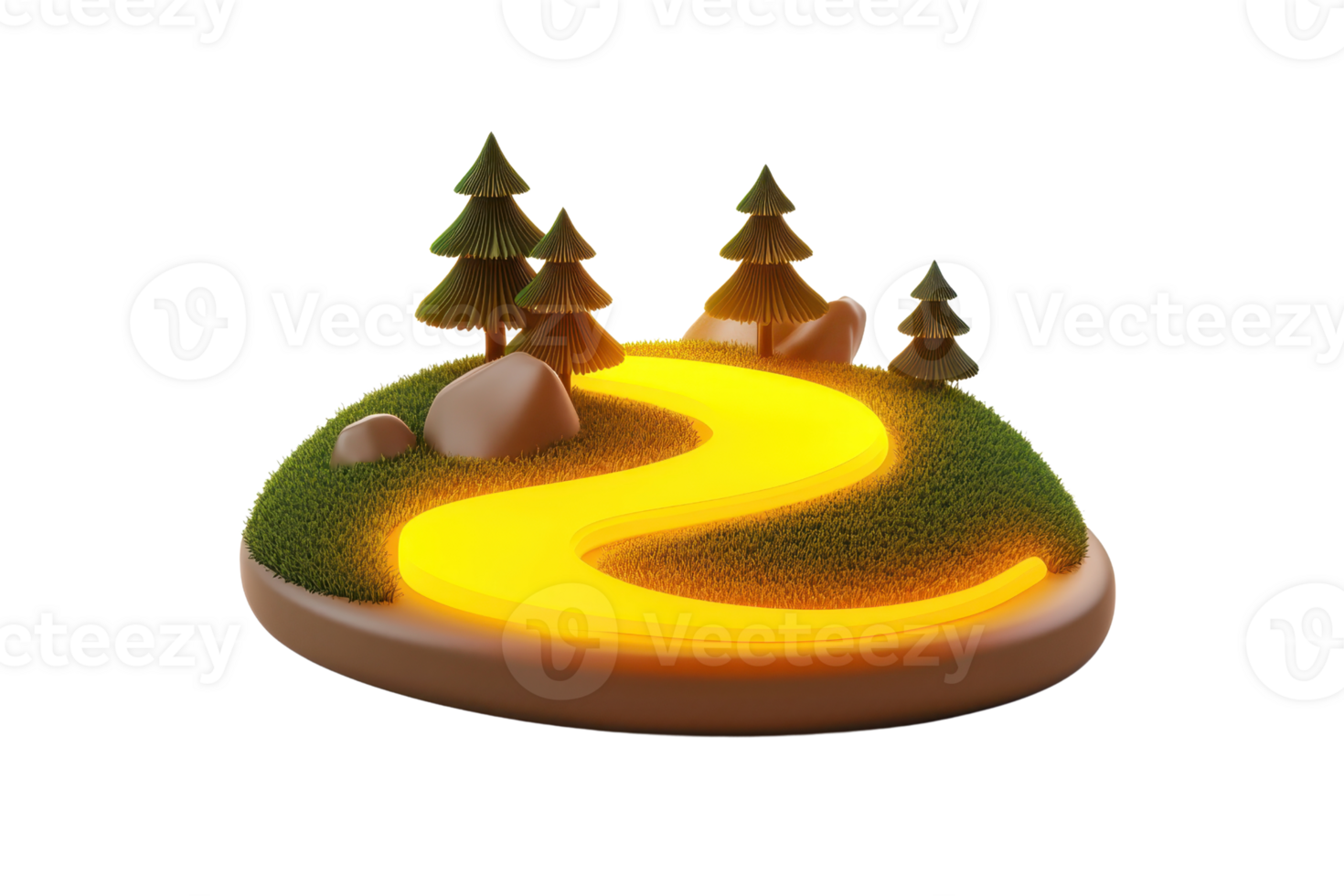 A serene landscape featuring a winding path illuminated by a warm glow, surrounded by trees and rocks on a grassy island. png