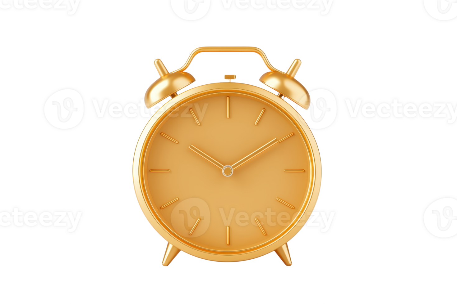 A classic gold alarm clock with a round face and two bells on top, indicating time with simple hour and minute hands. png