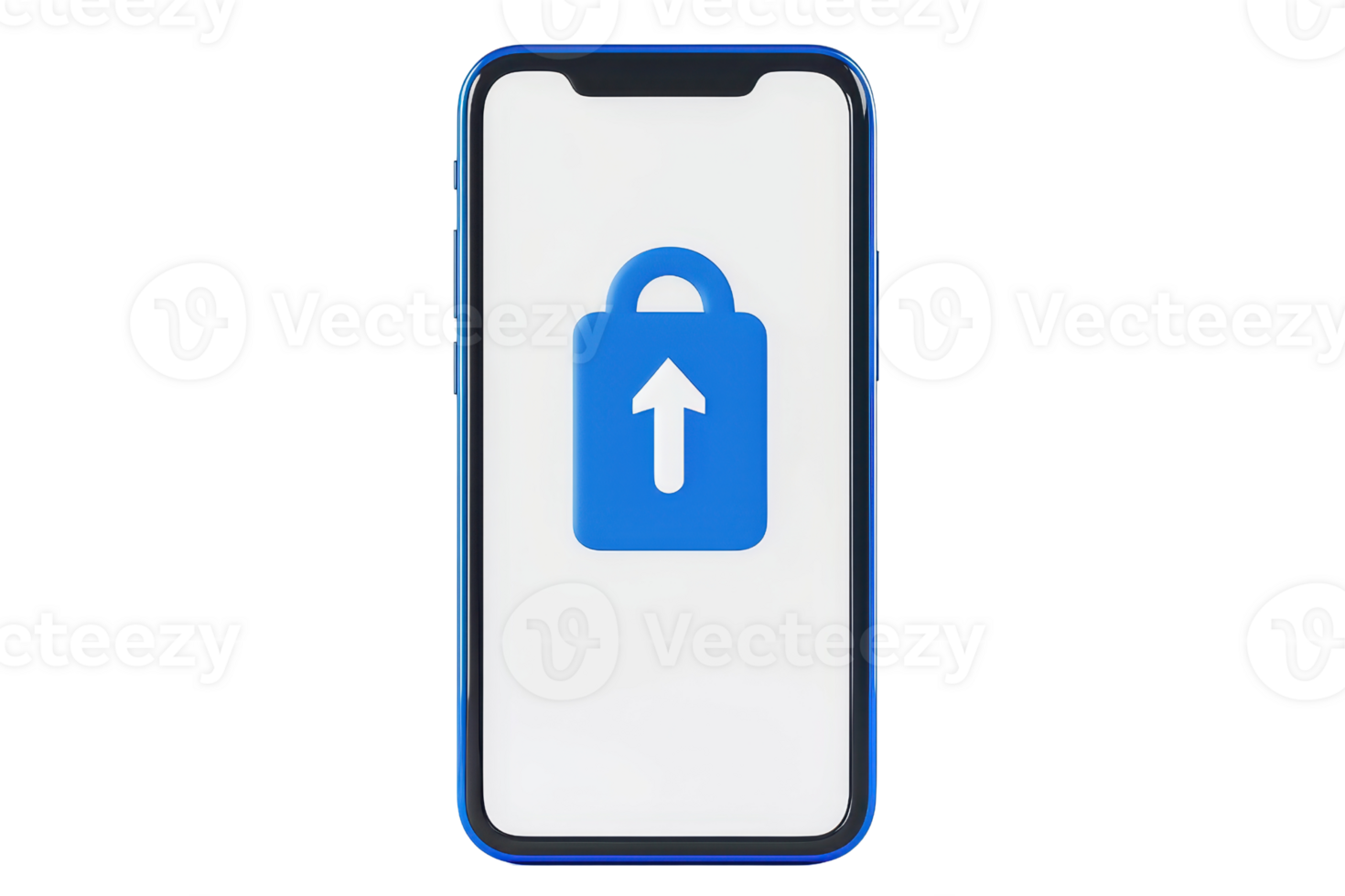 A smartphone displaying a blue padlock icon with an upward arrow on a white screen, symbolizing security or data protection. png