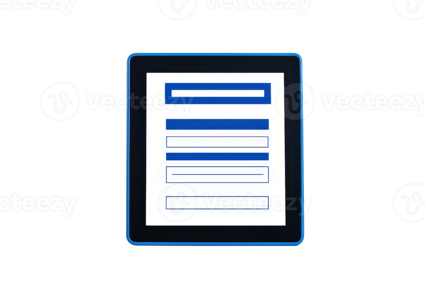 A digital form displayed on a tablet with various input fields in blue and white. png