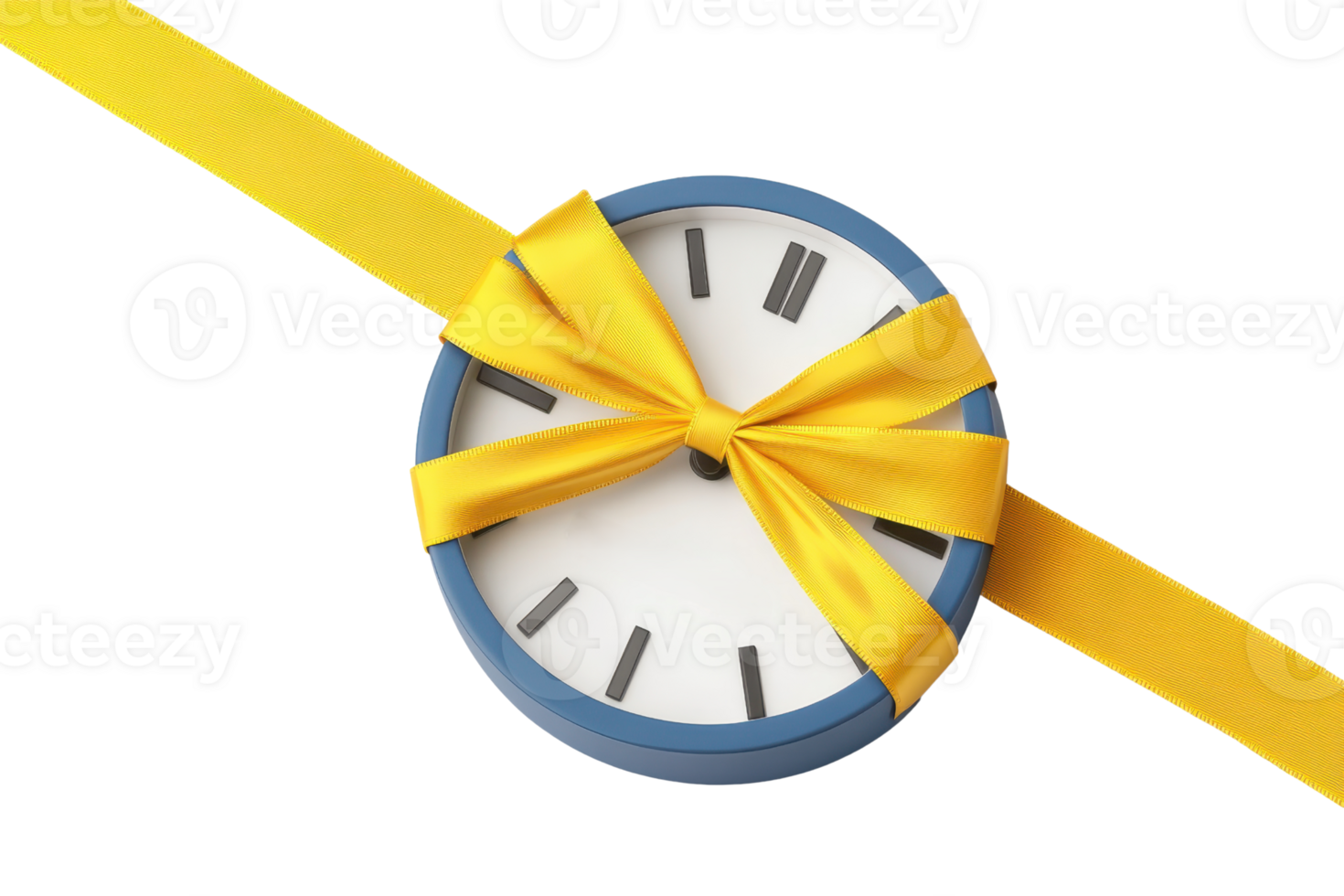A decorative clock wrapped in a yellow ribbon, symbolizing the gift of time, set against a transparent background. png