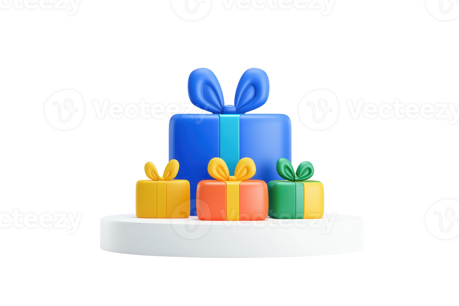 A colorful arrangement of gift boxes featuring bows, varying in size and color, presented on a circular platform. png