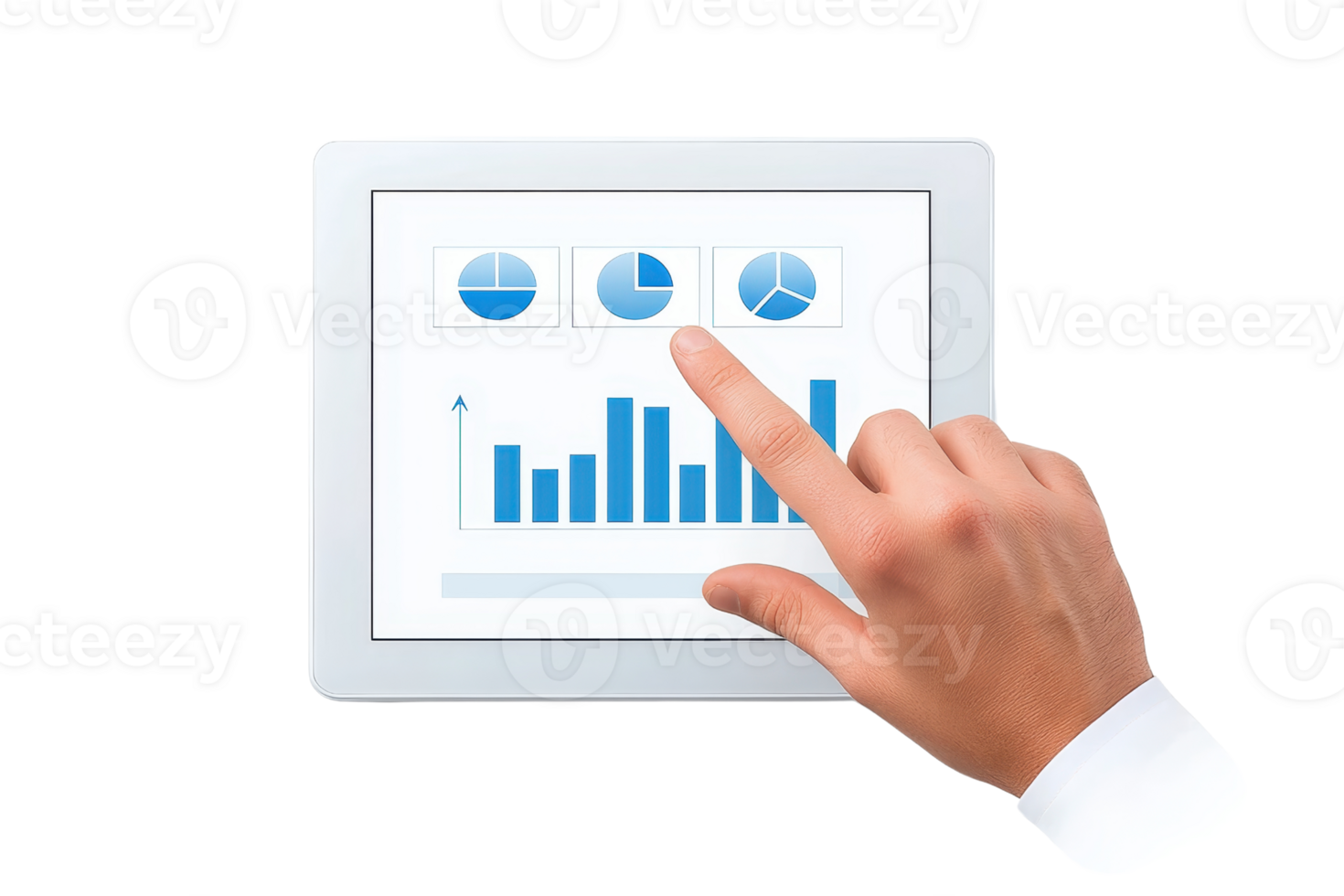 A hand points at a digital tablet displaying various charts and graphs, indicating data analysis. png