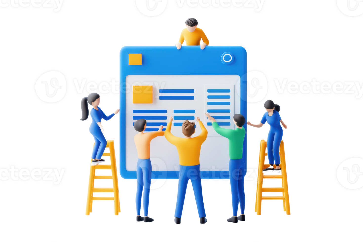 A group of miniature figurines collaborates on a large digital interface, showcasing teamwork and creativity in a dynamic work environment. png