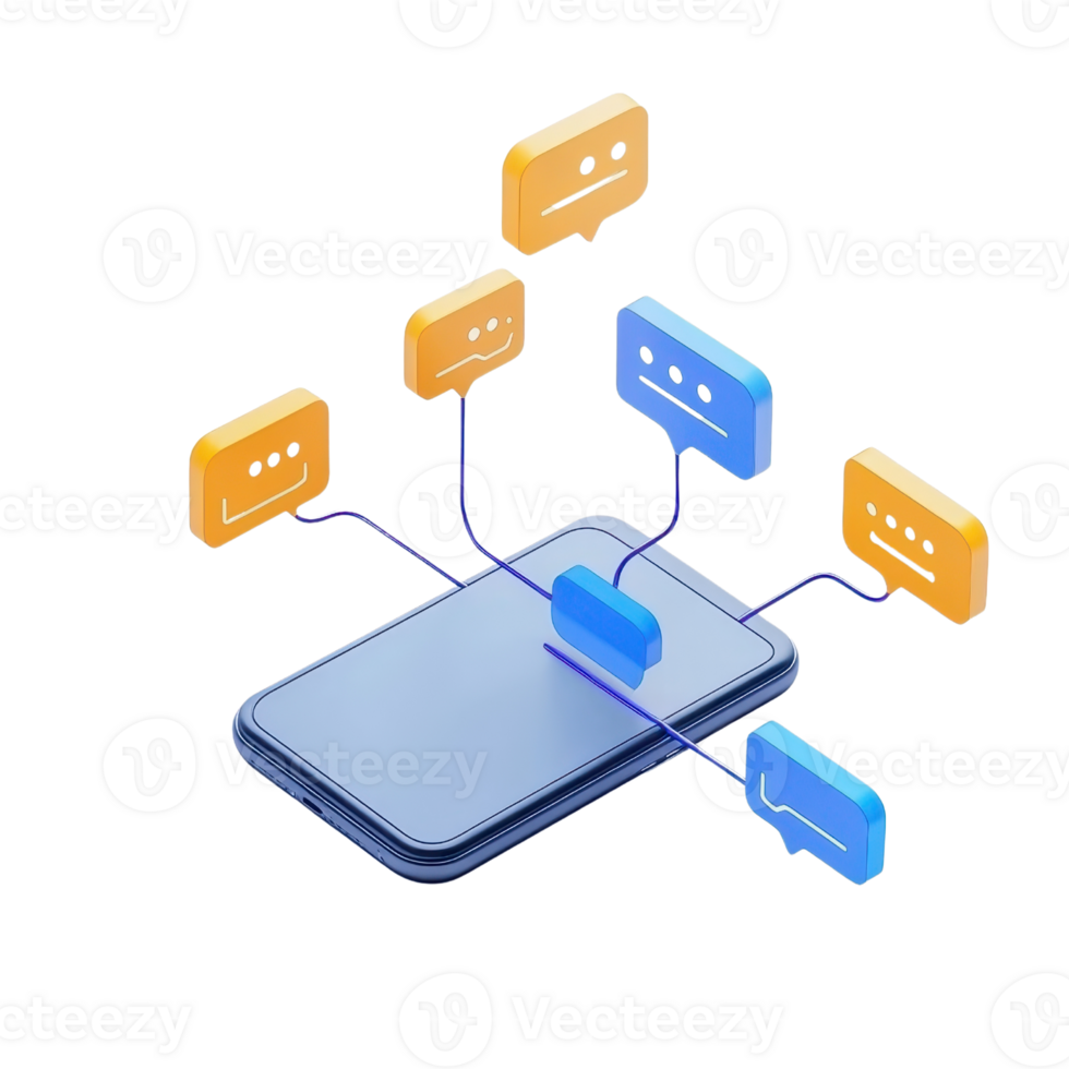 A smartphone with colorful message bubbles representing communication and messaging interactions. png