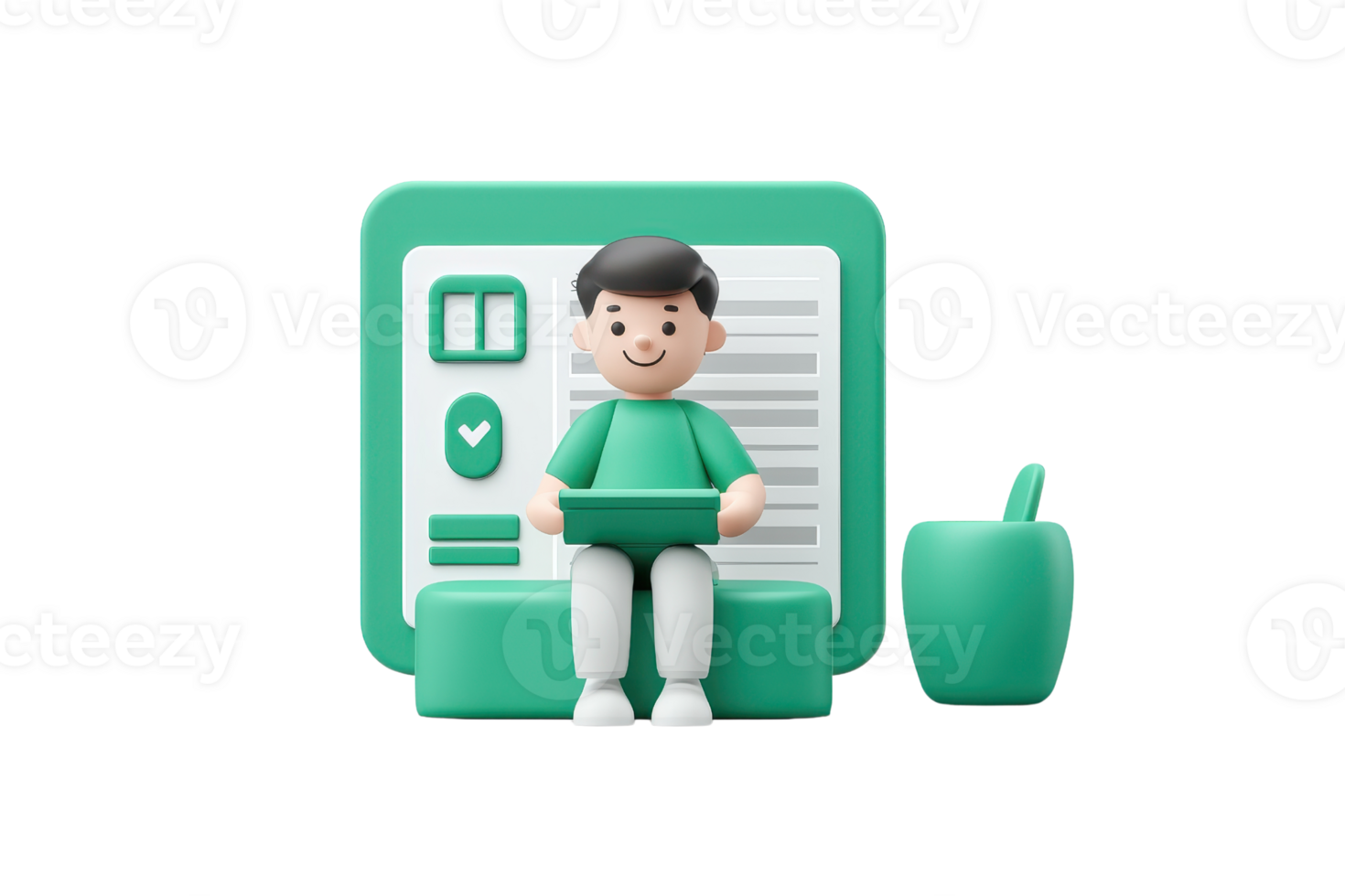A cheerful character sits while interacting with a digital interface, showcasing a blend of education and technology in a playful design. png